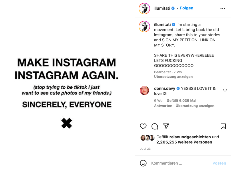 Make Instagram instagram again. Viraler Post von der Fotografin Tati Bruening. Also @illuminati bei Instagram
