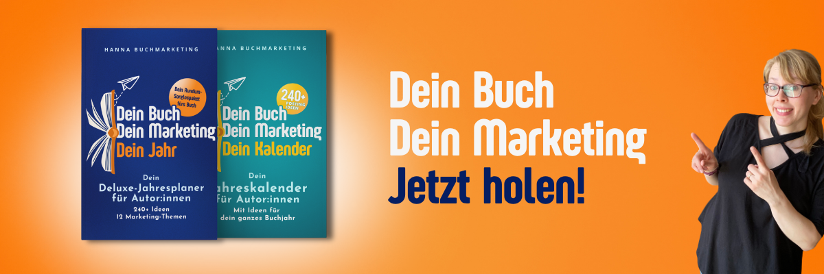 Der flexible Jahresplaner für Autor:innen in der Basis-Version (mit 240+ Content-Ideen, die wirklich Leser:innen erreichen) und der Deluxe-Version mit zusätzlich 12 Marketing-Themen über das gesamte Jahr verteilt. Du kannst jederzeit starten. Hanna Buchmarketing zeigt mit dem Finger auf die Worte: Mein Buch. "Mein Marketing. Jetzt holen." Dein Buchjahr beginnt hier