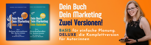 Der flexible Jahresplaner für Autor:innen in der Basis-Version (mit 240+ Content-Ideen, die wirklich Leser:innen erreichen) und der Deluxe-Version mit zusätzlich 12 Marketing-Themen über das gesamte Jahr verteilt. Du kannst jederzeit starten. Hanna Buchmarketing zeigt mit dem Finger auf die Worte: Mein Buch. "Mein Marketing. Jetzt holen." Dein Buchjahr beginnt hier